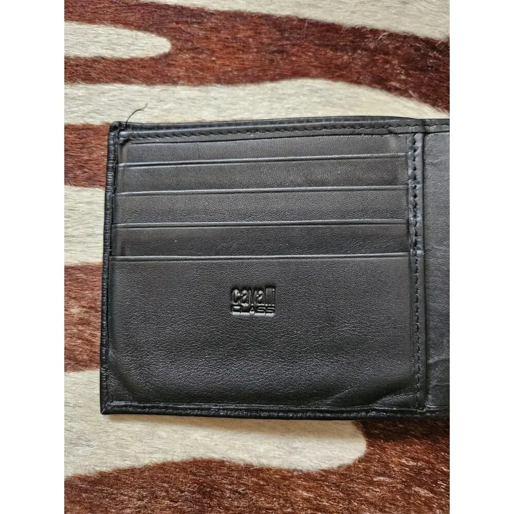 Cavalli Class Men's Black Logo Print Textured Leather Bifold Wallet